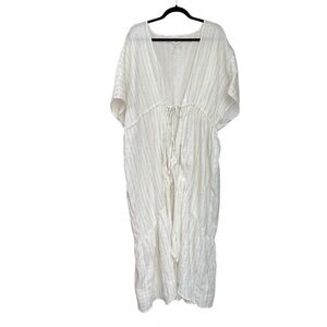 AERIE Long Open-Front Kaftan Swimwear Coverup Gold Pinstripe White XL
